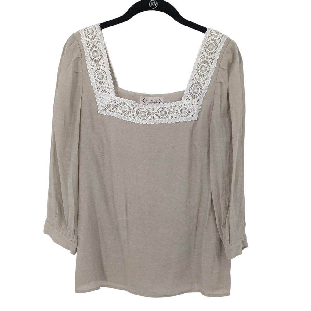 Nanette Lepore Blouse Women Medium Tan Lace Square Neck Top Cottagecore Peasant